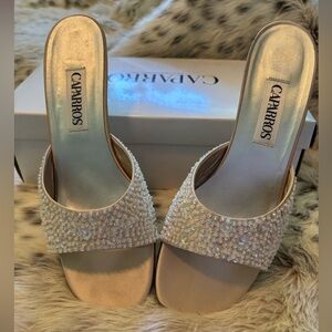 Caparros Pearl-Embellished Ivory Slide Mules